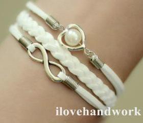 White Hand woven Silver tone artificial pearl infinity heart bracelet bridesmaid IB095